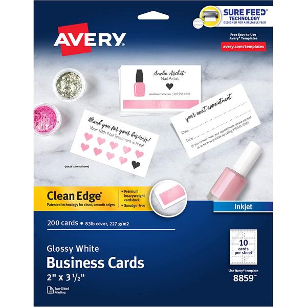 Avery Clean Edge Printable Business Cards with Sure Feed Technology, 2" x 3.5", Glossy White, 200 Blank Cards for Inkjet Printers (8859)