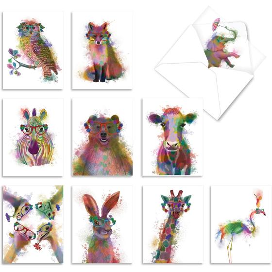 The Best Card Company 10 Mixed Animals Watercolor Greeting Cards Blank with Envelopes Just Because