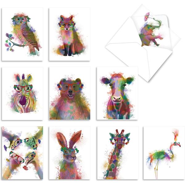 The Best Card Company 10 Mixed Animals Watercolor Greeting Cards Blank with Envelopes Just Because