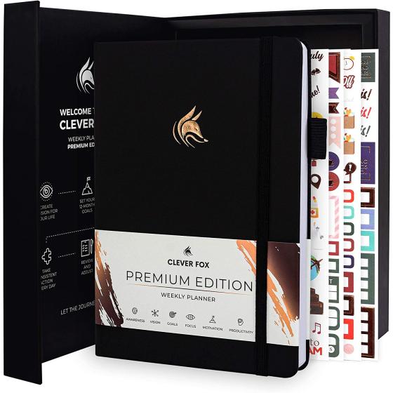 Clever Fox Planner Premium Edition – Undated Luxurious Weekly & Monthly Planner to Increase Productivity and Hit Your Goals – Organizer – Start Anytime, A5, Lasts 1 Year, Black (Weekly)