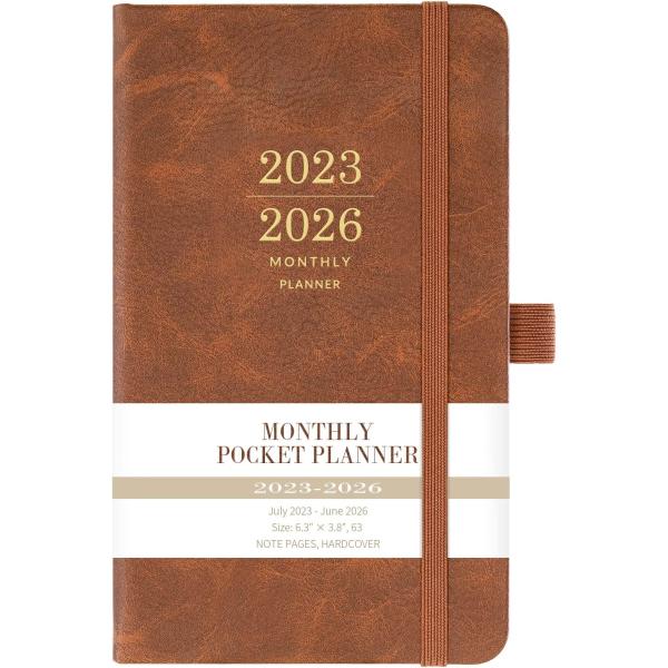 2023-2026 Monthly Pocket Planner/Calendar - 3 Year Pocket Monthly Calendar, Jul 2023 - Jun 2026, 6.3" × 3.8", 36-Month Planner with Pen Hold, Elastic Closure, 2 Bookmarks, Inner Pocket, Thick Paper, Brown