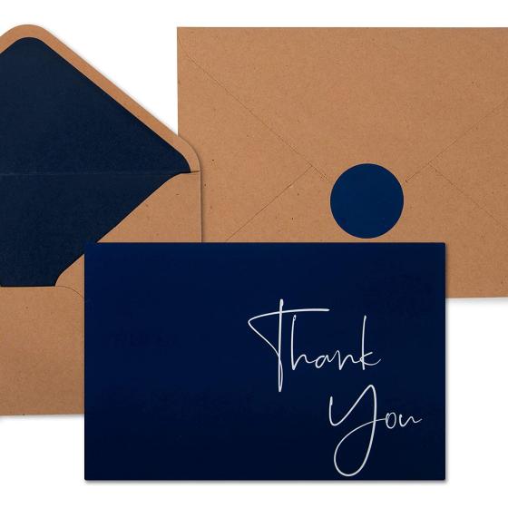VNS Creations 100 pack Thank You Cards with Envelopes & Stickers - Classy 4x6 Blank Thank You Cards Bulk Box Set - Large Thank You Notes for Wedding, Small Business, Baby & Bridal Shower (Navy Blue)