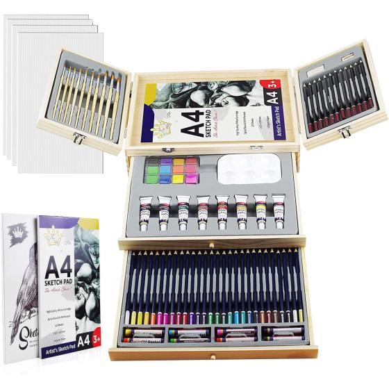 Deluxe Art Supplies, 88 Pieces Art Set in Portable Wooden Case, with 2 Drawing Books and 4 Canvas Panels, Professional Art Set for Painting & Drawing, Art Kit for Kids, Teens and Adults/Gift