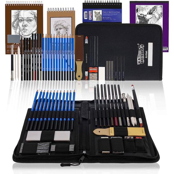 U.S. Art Supply 44-Piece Drawing & Sketching Art Set with 4 Sketch Pads (242 Paper Sheets) - Professional Artist Kit, Graphite, Charcoal, Pastel Pencils & Sticks, Erasers - Pop-Up Carry Case, Student