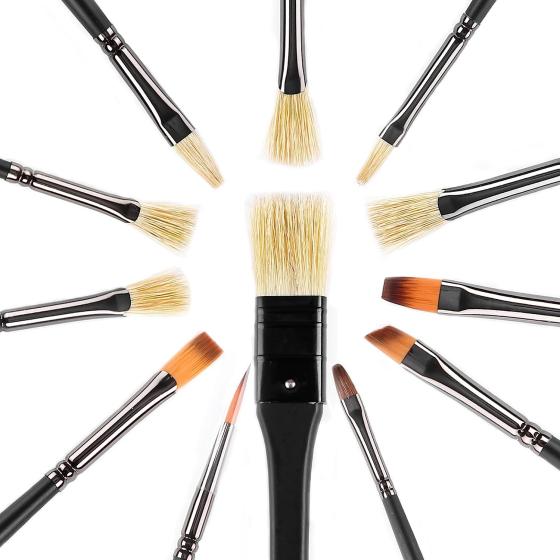 Paint Brush Set 12pcs, Natural Hog Bristle Long Handle Professional Artist Brushes Anti-Shedding, Art Supplies for Kids and Adults for Acrylic and Oils Painting, Watercolor, Face Painting Craft