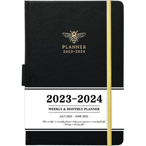 Planner 2023-2024 - Academic Planner 2023-2024 from July 2023 - June 2024, 2023-2024 Weekly Monthly Planner with Calendar Stickers, 5.75" x 8.25", Saffiano Leather, Pen Loop, Back Pocket - Black Bee