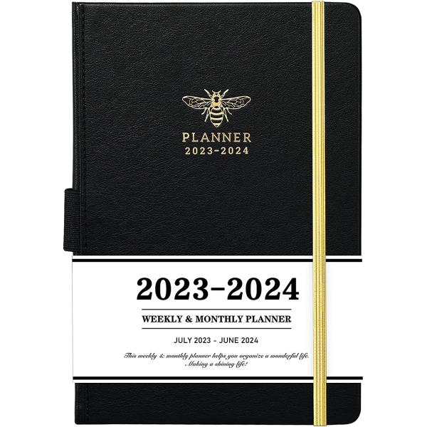 Planner 2023-2024 - Academic Planner 2023-2024 from July 2023 - June 2024, 2023-2024 Weekly Monthly Planner with Calendar Stickers, 5.75" x 8.25", Saffiano Leather, Pen Loop, Back Pocket - Black Bee