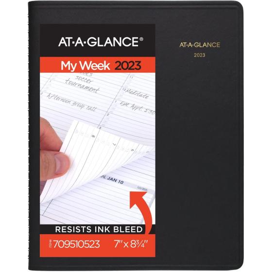AT-A-GLANCE 2023 Weekly Planner, Quarter-Hourly Appointment Book, 7" x 8-3/4", Medium, Telephone/Address Pages, Black (7095105)