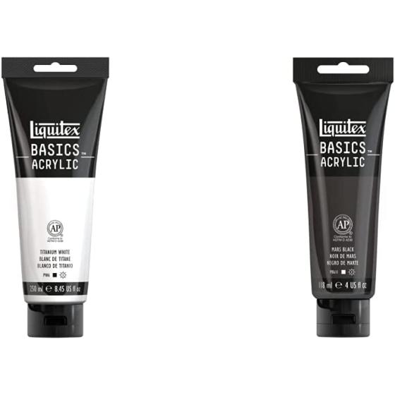 Liquitex BASICS Acrylic Paint, 250ml (8.5-oz) Tube, Titanium White & BASICS Acrylic Paint, 118ml (4-oz) Tube, Mars Black
