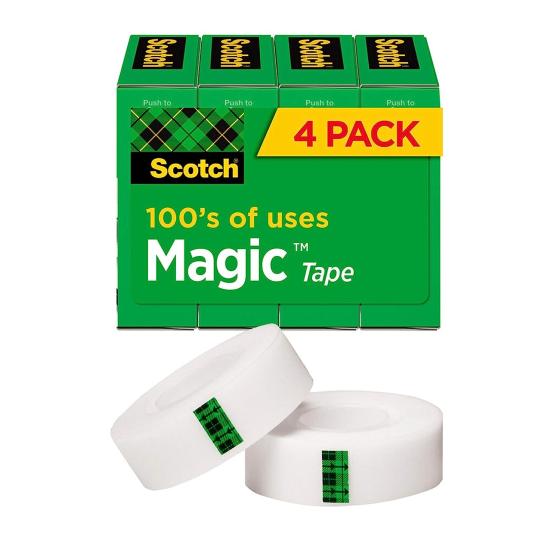 Scotch Magic Tape, 4 Rolls, Numerous Applications, Invisible, Engineered for Repairing, 3/4 x 1000 Inches, Boxed (810K4), Transparent