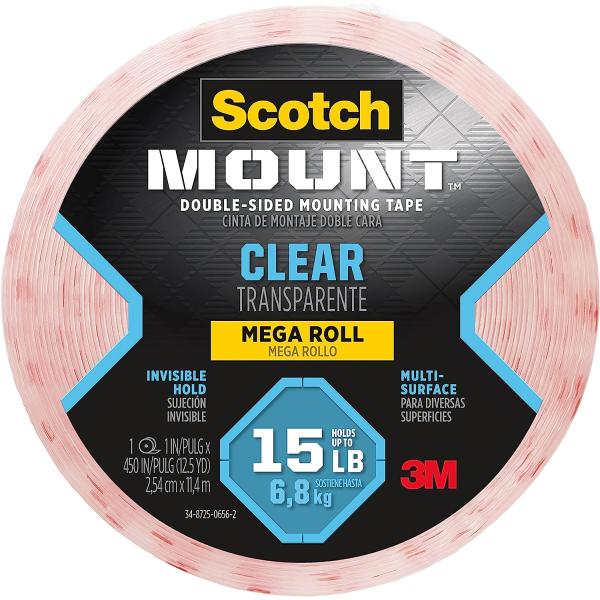 3M Double Sided Tape, Clear Mounting Tape, 1 Roll Adhesive Tape, 1 in x 450 in Wall Tape