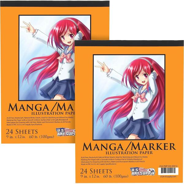 U.S. Art Supply 9" x 12" Premium Manga-Marker Paper Pad, 60 Pound (100gsm), Pad of 24-Sheets (Pack of 2 Pads)