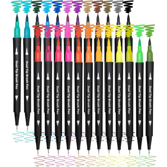Dual Brush Marker Pens for Coloring,24 Colored Markers,Fine Point and Brush Tip Art Markers for Kids Adult Coloring Books Bullet Journals Planners,Note Taking Coloring Writing