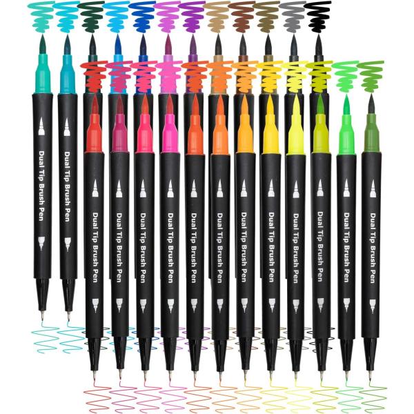 Dual Brush Marker Pens for Coloring,24 Colored Markers,Fine Point and Brush Tip Art Markers for Kids Adult Coloring Books Bullet Journals Planners,Note Taking Coloring Writing