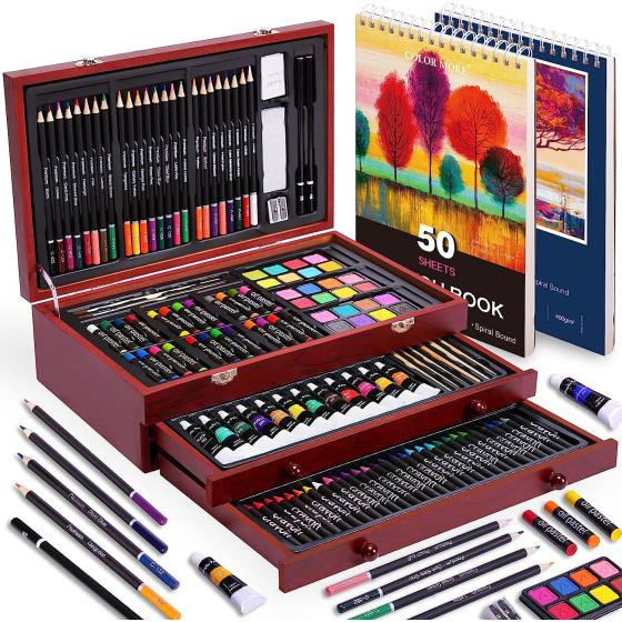 175 Piece Deluxe Art Set with 2 Drawing Pads, Acrylic Paints,Crayons,Colored Pencils,Paint Set in Wooden Case,Professional Art Kit,Art Supplies for Adults,Teens and Artist,Paint Supplies