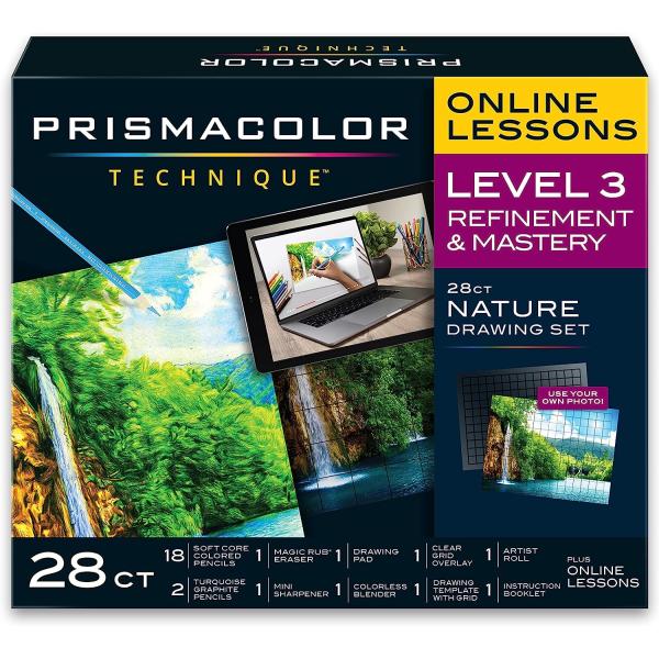 Prismacolor Technique, Art Supplies and Digital Art Lessons, Nature Drawing Set, Level 3, Learn to Draw with Colored Pencils, and More, Includes Artist Roll Case, Waterfall Landscape Drawing, 28 Count