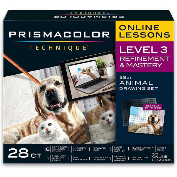 Prismacolor Technique, Art Supplies and Digital Art Lessons, Animal Drawings Set, Level 3, How to Draw Animals with Colored Pencils, and More, Includes Artist Roll Case, Dog, Cat & Pet Lesson, 28 Ct