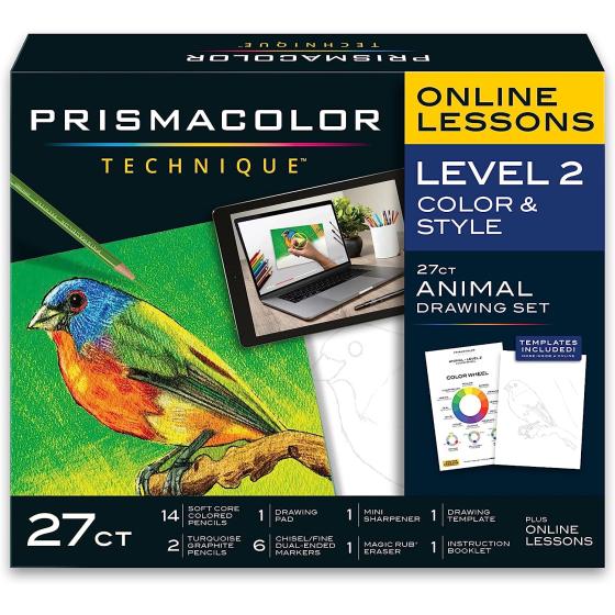 Prismacolor Technique, Art Supplies and Digital Art Lessons, Animal Drawings Set, Level 2, How to Draw Animals with Colored Pencils, Dual-Ended Markers, and More, Bird Drawing Lesson, 27 Count