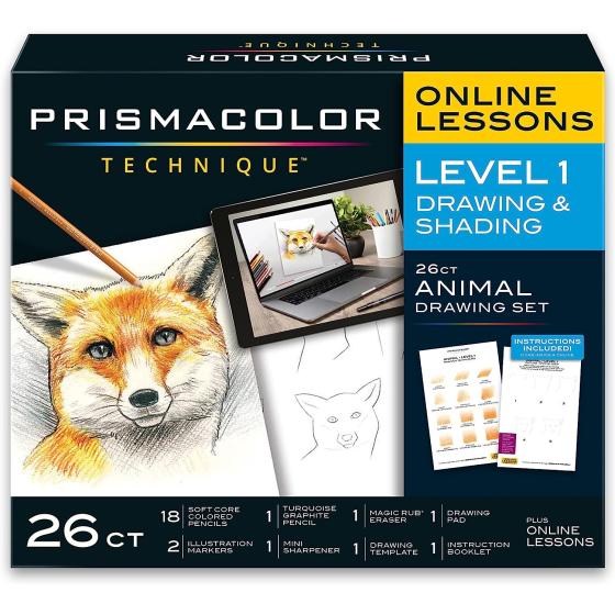 Prismacolor Technique, Art Supplies with Digital Art Lessons, Drawings Set, Level 1, How to Draw Animals with Colored Graphite Pencils, and More, Fox Drawing Lesson, 26 Count