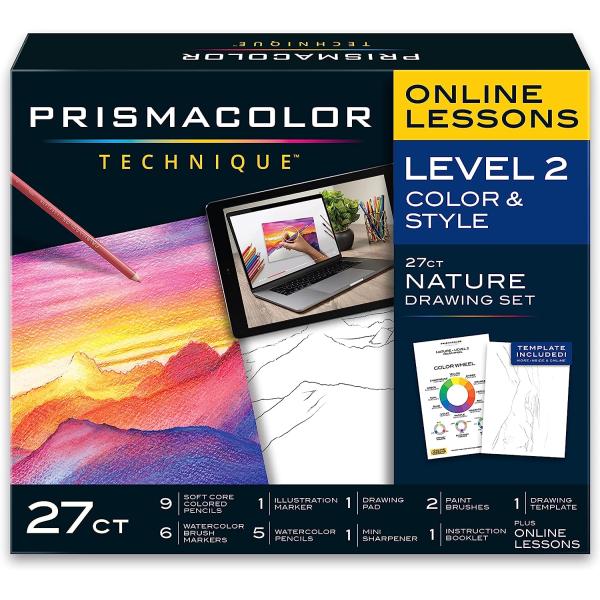 Prismacolor Technique, Art Supplies and Digital Art Lessons, Nature Drawing Set, Level 2, Includes Colored / Watercolor Pencils, Brush Markers, and More, Sunset Landscape Drawing, 27 Ct