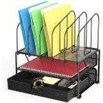 DecoBros Mesh Desk Organizer with Double Tray, 5 Upright Sections and Sliding Drawer, Black
