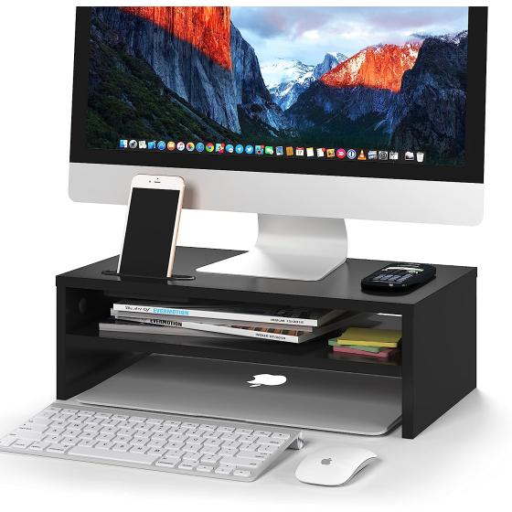 Monitor Stand Riser, 2 Tiers Wood Monitor Riser Stand with Storage Organizer, Desktop Ergonomic Monitor Stand Riser with Cellphone Holder and Cable Management, 16.5 Inch Shelf Black