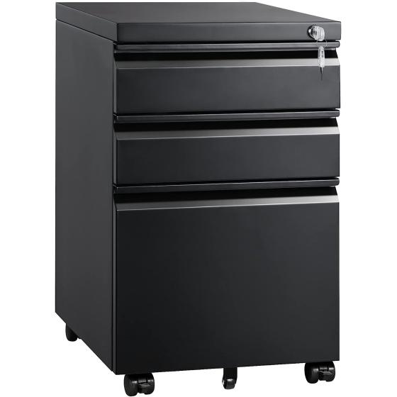 DEVAISE 3 Drawer Mobile File Cabinet with Lock, Under Desk Metal Filing Cabinet for Legal/Letter/A4 File, Fully Assembled Except Wheels, Black