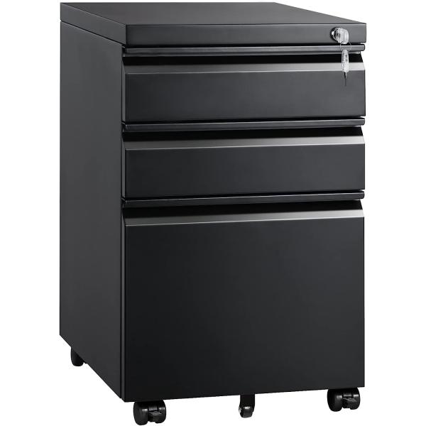 DEVAISE 3 Drawer Mobile File Cabinet with Lock, Under Desk Metal Filing Cabinet for Legal/Letter/A4 File, Fully Assembled Except Wheels, Black
