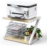 HUANUO Printer Stand, Desktop Stand for Printer, Printer Stand with Storage, Desktop Shelf with Anti-Skid Pads, Printer Table Organizer, Printer Shelf w/ 2 Tier Tray & Hardware & Steel (Light Wood)