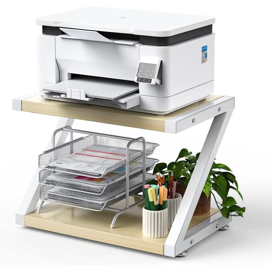 HUANUO Printer Stand, Desktop Stand for Printer, Printer Stand with Storage, Desktop Shelf with Anti-Skid Pads, Printer Table Organizer, Printer Shelf w/ 2 Tier Tray & Hardware & Steel (Light Wood)