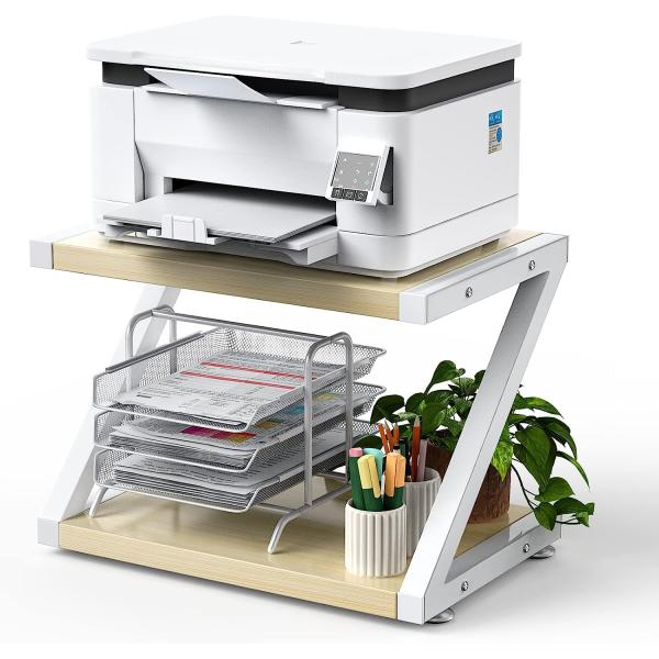 HUANUO Printer Stand, Desktop Stand for Printer, Printer Stand with Storage, Desktop Shelf with Anti-Skid Pads, Printer Table Organizer, Printer Shelf w/ 2 Tier Tray & Hardware & Steel (Light Wood)