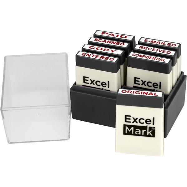 ExcelMark Mini Office Message Rubber Stamp Set - Red Ink - Storage Tray Included