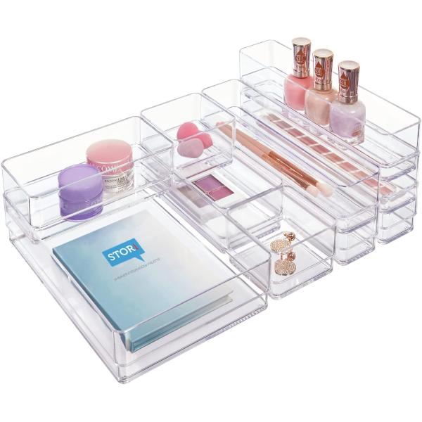 STORi SimpleSort 10-Piece Stackable Clear Drawer Organizer Set | Multi-size Trays | Makeup Vanity Storage Bins and Office Desk Drawer Dividers | Made in USA