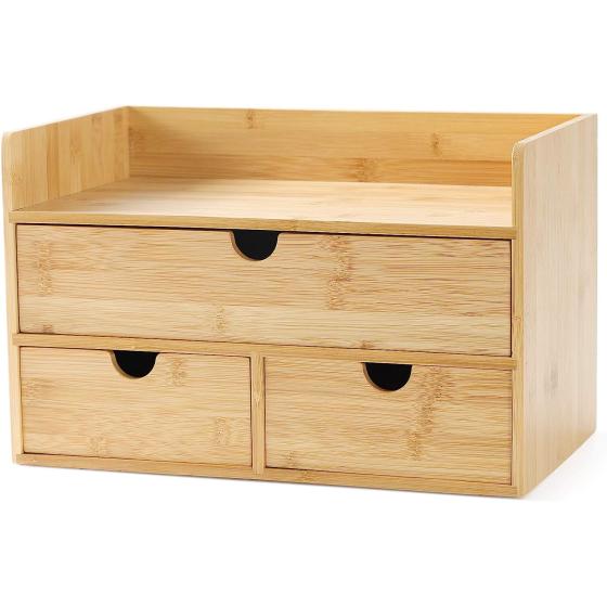 Wisuce 100% Original Bamboo Desk Organizer, Mini Bamboo Desk Drawer Tabletop Storage Organization Box for Office Home Toiletries Supplies Vanity, No Assembly Required (3 Drawer with Shelf)