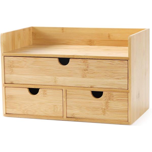 Wisuce 100% Original Bamboo Desk Organizer, Mini Bamboo Desk Drawer Tabletop Storage Organization Box for Office Home Toiletries Supplies Vanity, No Assembly Required (3 Drawer with Shelf)