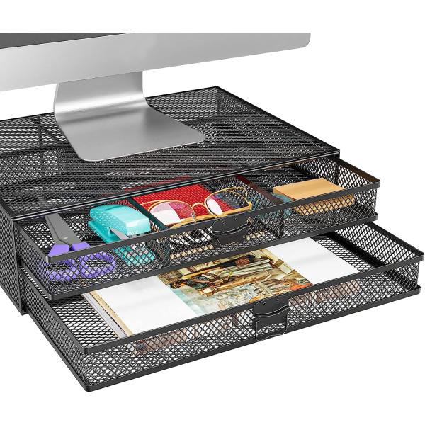 WALI Metal Mesh Monitor Riser Desktop Stand with Storage Drawers for Computer, Laptop, LED, LCD, OLED Flat Screen Display, and Printer (STT006-B), Black
