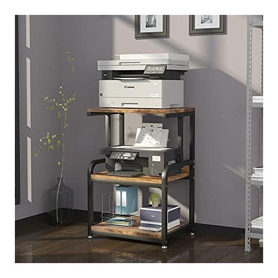 HOUYISHEYUE Home Printer Stand Vintage Printer Stand with 3 Tier Wood Storage Shelves Multi-Purpose Desk Organizer for Fax Machine, Scanner, Files, Books with Adjustable Anti-Skid Feet (Brown)