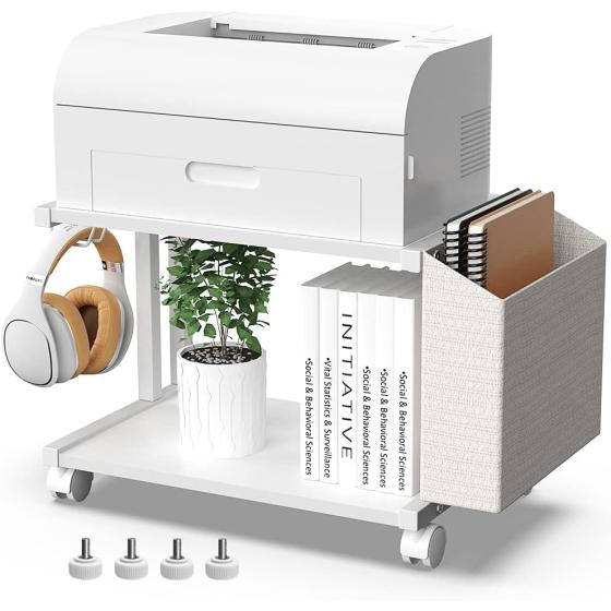 VEDECASA 2 Tier Modern White Wooden Under Desk Printer Stand with Storage Bag for Home Office Desktop Printer Table Organizer Mobile Printer Shelf Cart with Caster Wheel (White)