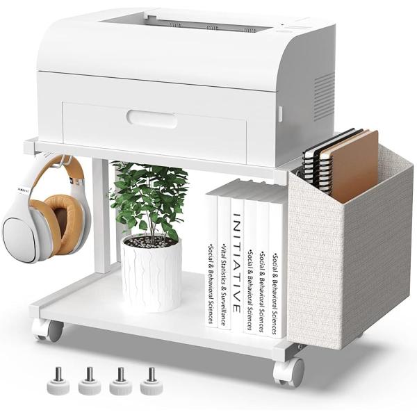 VEDECASA 2 Tier Modern White Wooden Under Desk Printer Stand with Storage Bag for Home Office Desktop Printer Table Organizer Mobile Printer Shelf Cart with Caster Wheel (White)