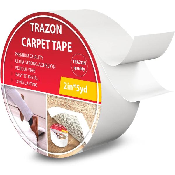 Trazon Carpet Tape Double Sided - Rug Tape Grippers for Hardwood Floors and Area Rugs - Carpet Binding Tape Strong Adhesive and Removable, Heavy Duty Stickers Tape, Residue Free (2 Inch / 5 Yards)