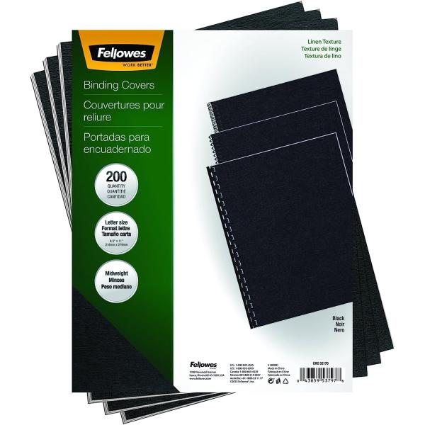 Fellowes Binding Linen Presentation Covers, Letter, Black, 200 Pack (5217001), Black Linen