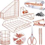 Rose Gold Desk Accessories Office Supplies Set, File Holder, Magazine File Organizer, Pen Holder, Stapler, Staple Remover, Staples, Tape Dispenser, Ballpoint Pen, Scissor, Binder Clips for Office