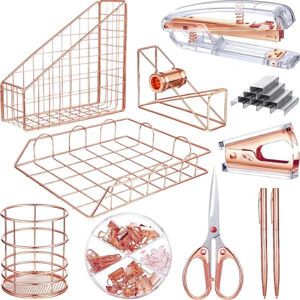 Rose Gold Desk Accessories Office Supplies Set, File Holder, Magazine File Organizer, Pen Holder, Stapler, Staple Remover, Staples, Tape Dispenser, Ballpoint Pen, Scissor, Binder Clips for Office