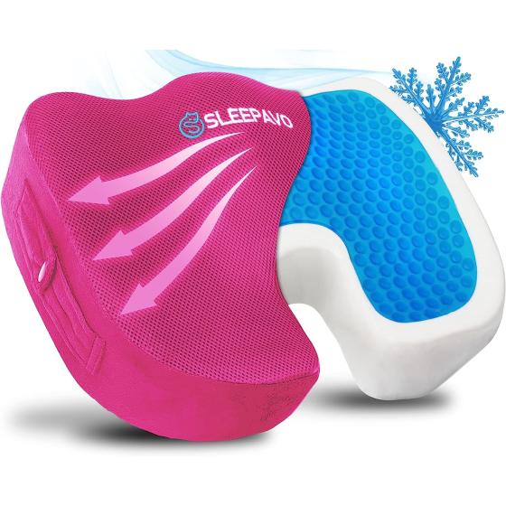 Sleepavo Pink Memory Foam Seat Cushion for Office Chair - Cooling Gel Pillow for Sciatica Coccyx Back Tailbone & Lower Back Pain Relief - Chair Pad for Lumbar Support in Office Desk, Car & Airplane