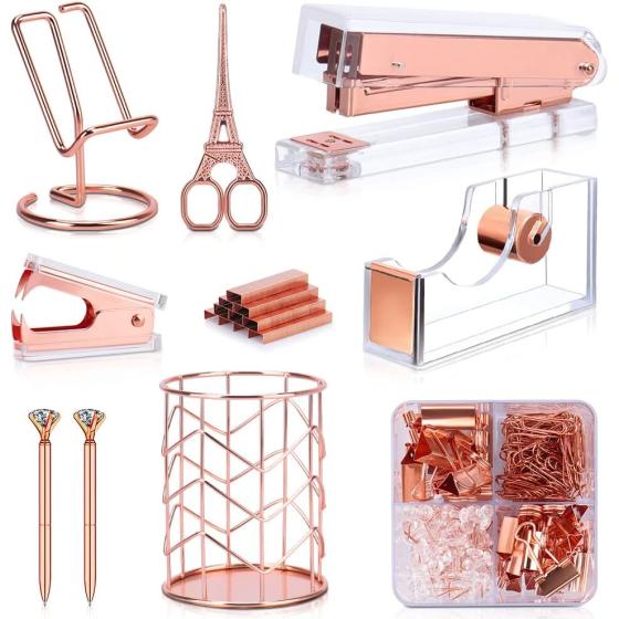 Rose Gold Office Supplies and Accessories, Acrylic Stapler, Staple Remover, Tape Dispenser, Pen Holder, Phone Holder, Scissors, Paper Clips, Binder Clips, 2 Pen and 1000 pcs Staples