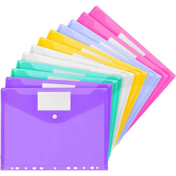 Vobou 12 Pack Plastic Envelopes Binder Pocket 11 Holes Expandable Binder Folders for 2/3/4 Ring Document Pouch, Snap Button and Lable Poly Envelopes for School, Home and Office, 6 Assorted Color
