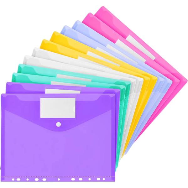 Vobou 12 Pack Plastic Envelopes Binder Pocket 11 Holes Expandable Binder Folders for 2/3/4 Ring Document Pouch, Snap Button and Lable Poly Envelopes for School, Home and Office, 6 Assorted Color