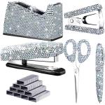 6 Pack Bling Office Stationery Set Desk Accessory Office Set Includes Pen Scissor Stapler Staple Remover 1000 Pcs Staples Tape Dispenser with Diamond Inlay for Office Home Desk Supplies (Silver)