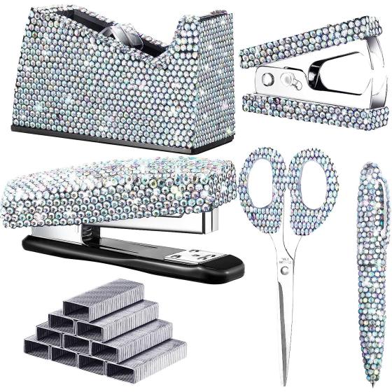 6 Pack Bling Office Stationery Set Desk Accessory Office Set Includes Pen Scissor Stapler Staple Remover 1000 Pcs Staples Tape Dispenser with Diamond Inlay for Office Home Desk Supplies (Silver)