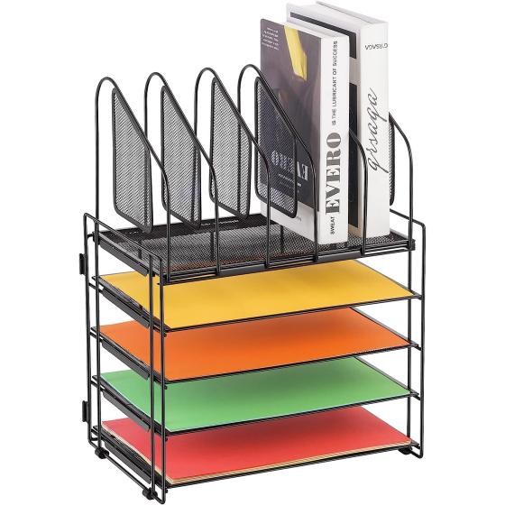 Lavatino Desk Organizers with File Sorter, 5-Tier Mesh Desk File Organizer with 5 Vertical File Holders, Multifunction Desktop Organizer, Desk Organizers and Accessories for Home Office